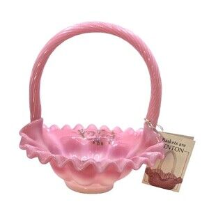 Vintage Fenton Glass Basket 7” Cranberry Pink Opalescent Painted Autographed Rar